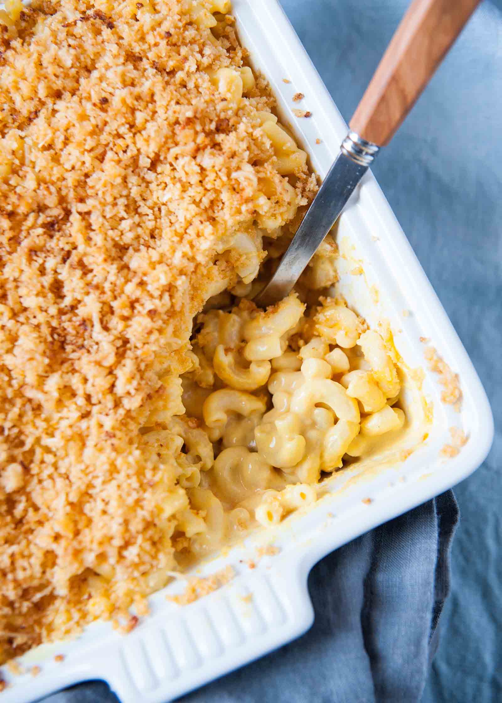 Ingredients for baked mac and cheese recipe with bread crumbs